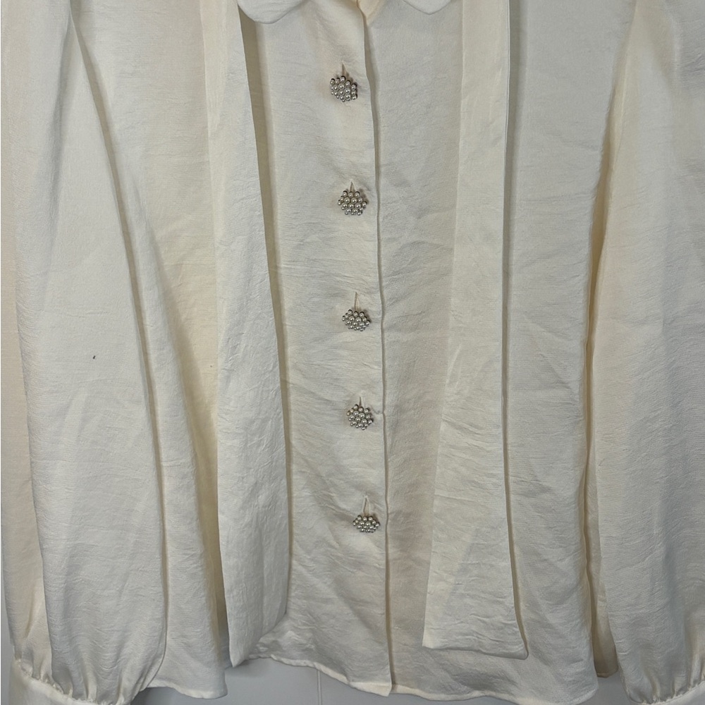 Zara Cream Button Down Blouse with Peter Pan Collar and Long Sleeves - Picture 4 of 7